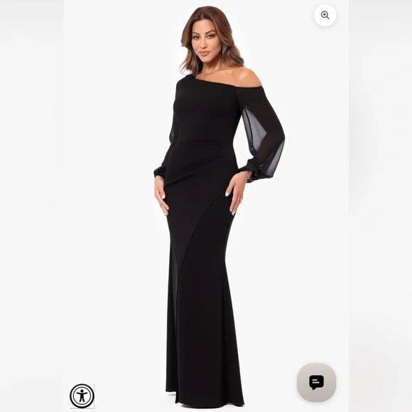 Betsy & Adam Black “Donna” Long Off The Shoulder Illusion Sleeve Dress - Picture 2 of 4